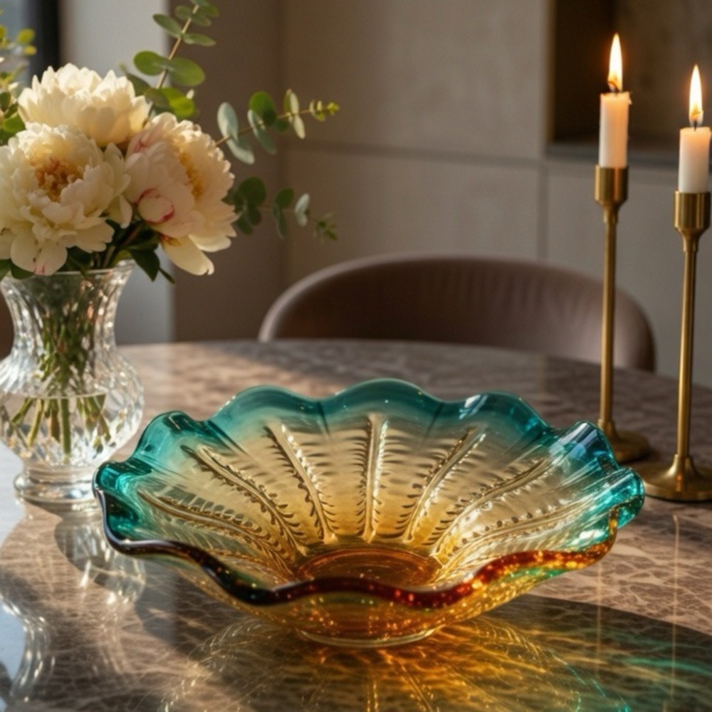 VINTAGE Venetian Murano glass Centerpiece bowl 1970s Sommerso Freeform Flower